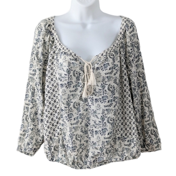 AMERICAN Eagle boho embroidered v neck 100% viscose blue white blouse Large T2 - Picture 1 of 11